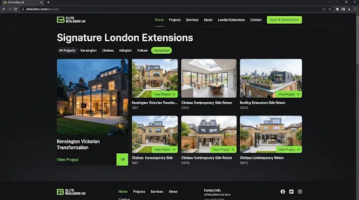 Website design for Elite Builders UK showing a premium project gallery of high-end home extensions in London, with a dark slate background and bold typography.
