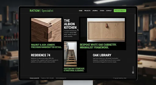 Website design mockup for Grain & Joint, a UK bespoke carpentry shop, showing the online shop.
