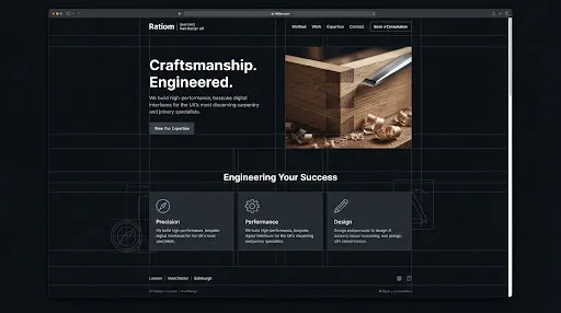 High-conversion landing page design for a bespoke carpentry firm, featuring a deep black background and a hero section with a macro shot of precision woodwork.