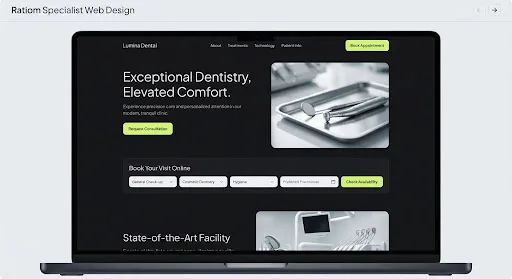 Website design mockup for Lumina Dental, a UK dental clinic, showing the online booking interface.