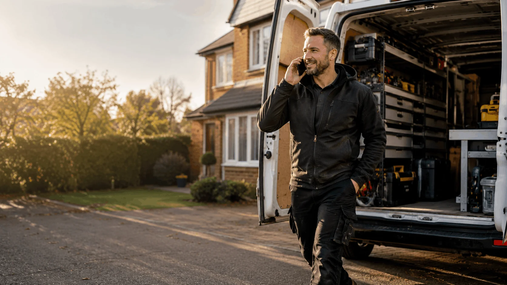 A UK tradesperson stepping out of his van on a residential street, taking a call from a new customer.